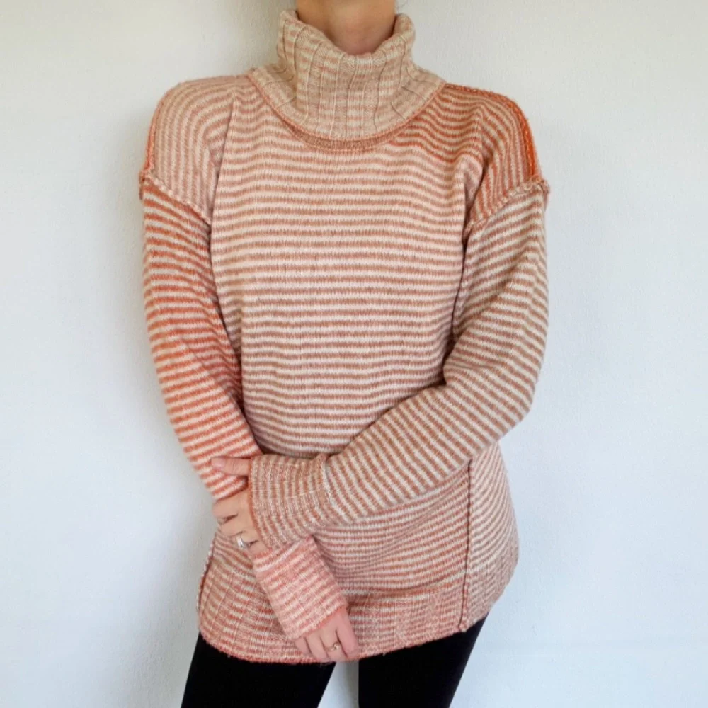 CAbi orange gray stripe oversized cotton turtleneck sweater size small